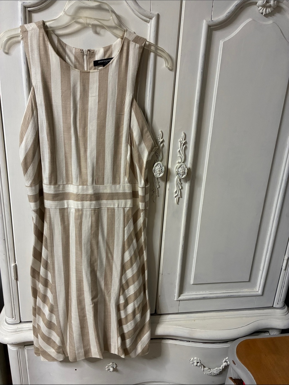 Sharagano Beige & White Striped Cold-Shoulder Midi Dress